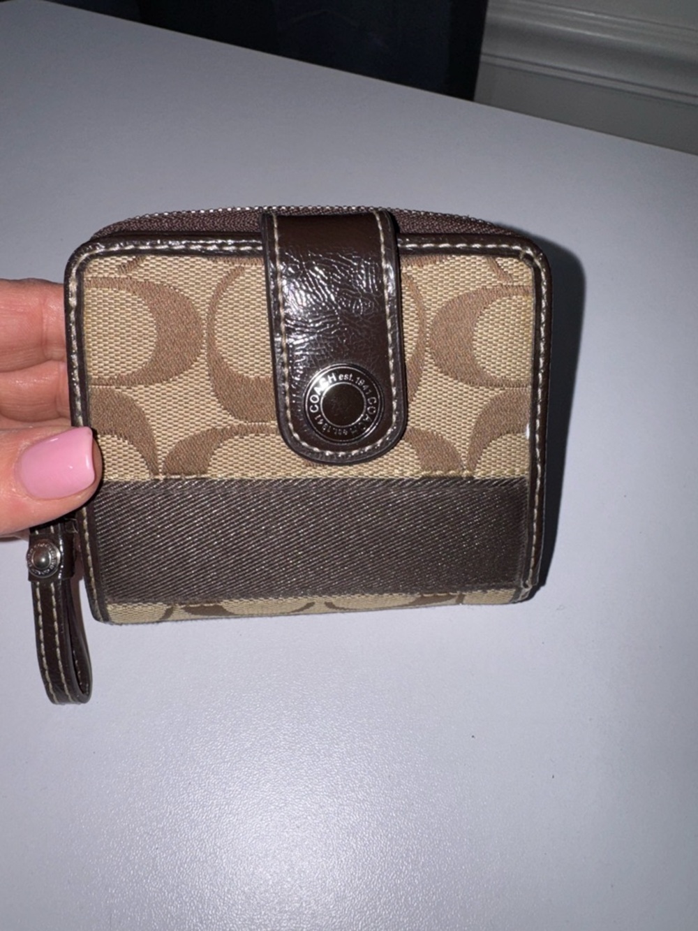 Coach Brown/Tan Signature Canvas Small Wallet with Leather Trim